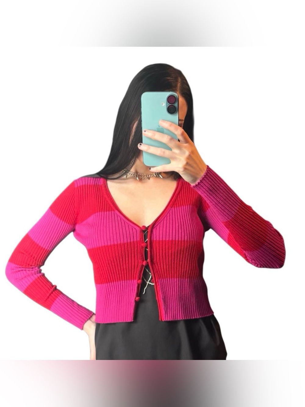 Rebecca Taylor cardigan Striped Pink & Red Ribbed Knit  Sweater